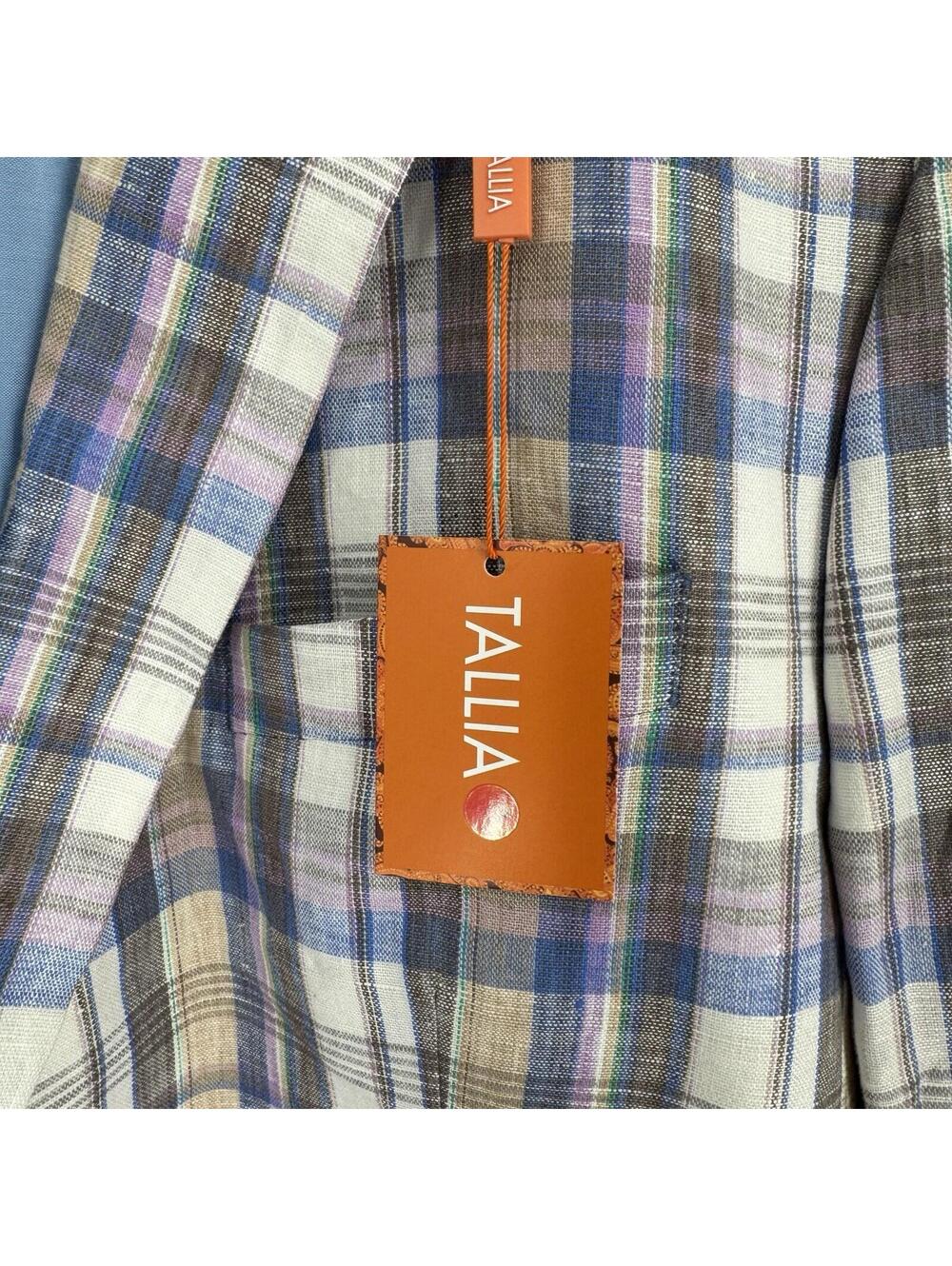 Tallia blazer jacket mens 48R linen check plaid beach summer wedding formal